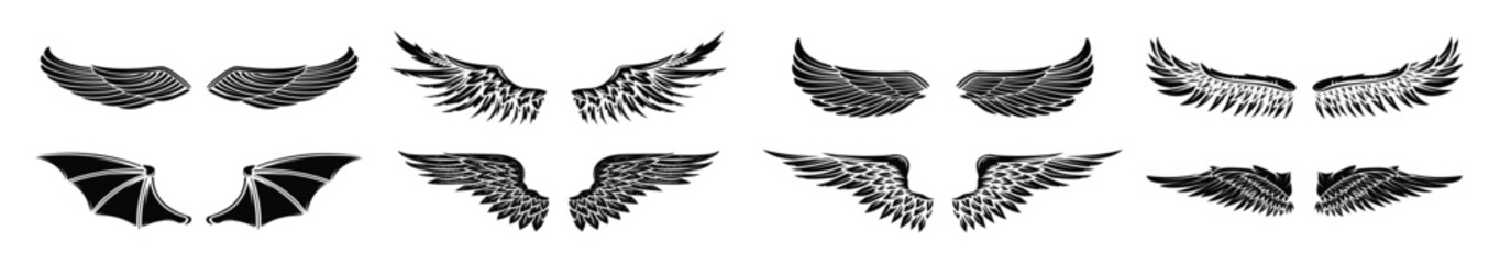 Set of vector wings isolated on white background. Design elements for logo, label, emblem, sign, brand mark. Vector illustration.