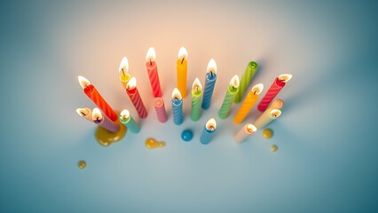 A colorful arrangement of birthday candles with melting wax details sits on a gradient blue surface.