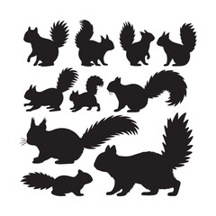 A set of 12 black silhouette illustrations of squirrels arranged in two rows against a white background. 