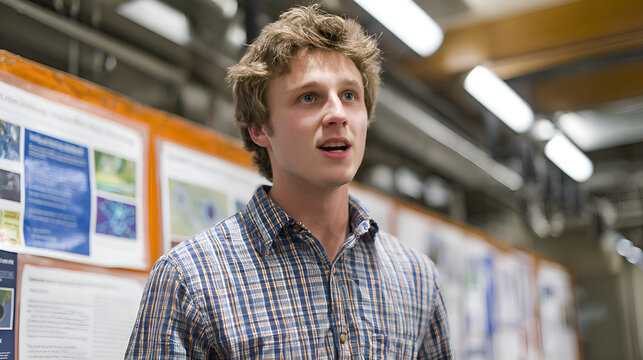 Young engineer explaining project in industrial environment