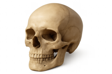 Realistic human skull rotating on transparent background