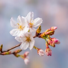 Close-up of delicate cherry blossoms in full bloom, captured in soft focus, The flower displays its delicate petals and vibrant colors against the soft background