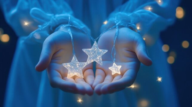 Hands holding glowing star lights - Powered by Adobe