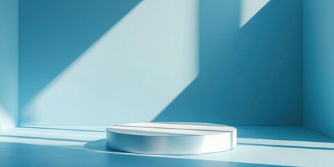 Futuristic empty podium with ambient shadows on gradient sky-blue floor