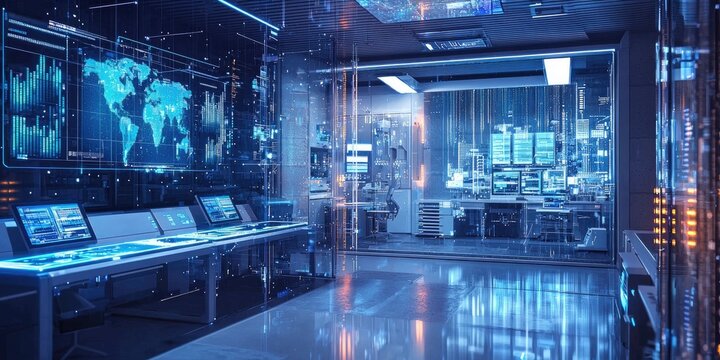 Futuristic laboratory with floating data screens, AI-generated image