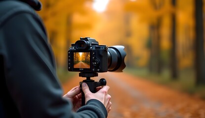 Fototapeta premium Photographer Taking Picture of Autumn Landscape with DSLR Camera