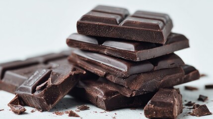 Dark Chocolate Pieces Stacked on Light Background