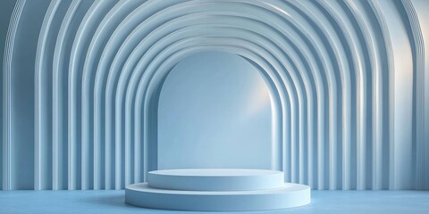 Fototapeta premium Geometric display podium on calming blue-white gradient background, luxury feel