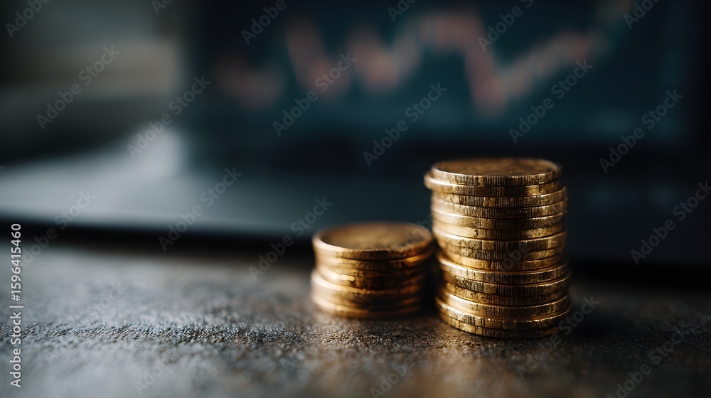 Poster stacked coins beside a digital chart on a laptop with high contrast lighting and sharp focus long ti