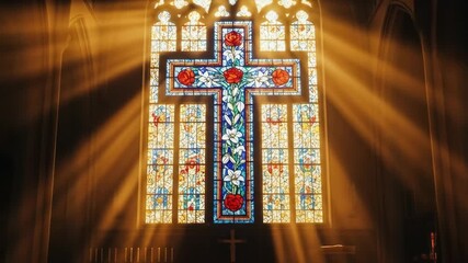Sunbeams Illuminate Stained Glass Cross in Church - Golden sunbeams stream through a large stained-glass window depicting a floral cross in a church sanctuary. - Powered by Adobe