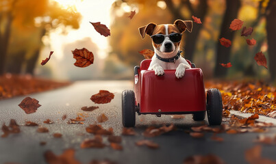 Cute Jack Russell Terrier in sunglasses riding vintage red pedal car on autumn road with falling leaves