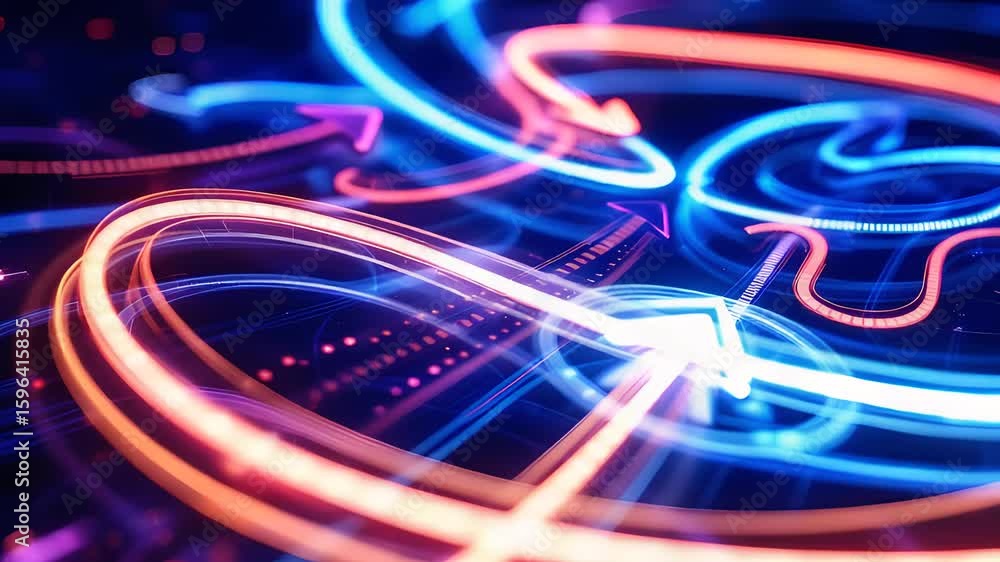 Poster colorful abstract neon arrows flowing in a dynamic digital environment