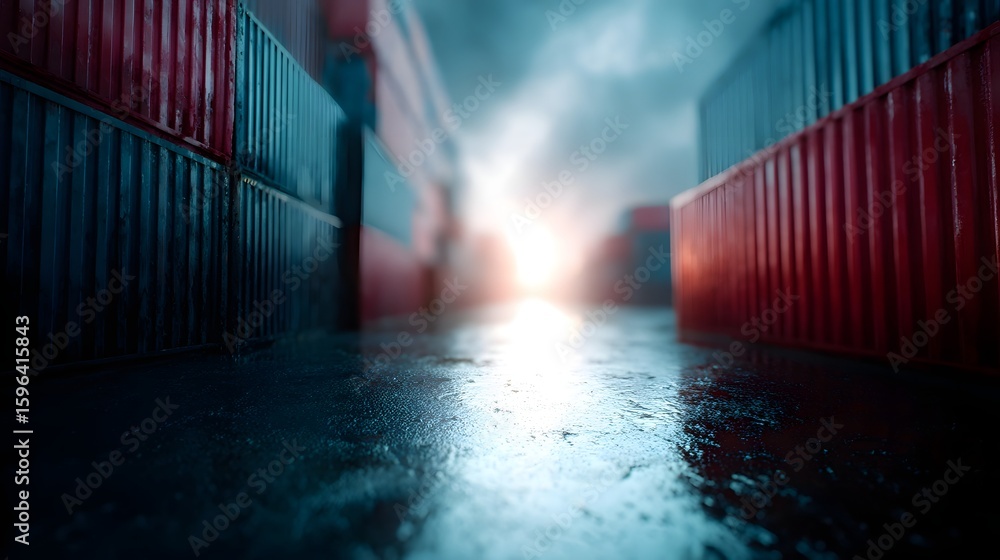 Poster export containers stacked at an international port with trade logistics lighting and sharp focus