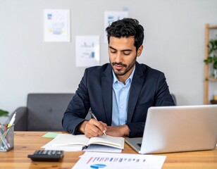 Businessman working in front of his laptop analyzing data and pointing to the screen while taking notes in his notebook.