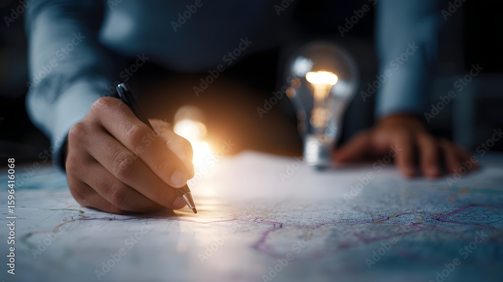 Aufkleber a person sketching an economic opport roadmap on a map with creative lighting and sharp focus long t