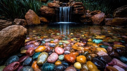 Colorful stones in a clear water garden feature.