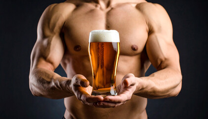 A muscular, shirtless man holds a glass of foamy beer in his hands.