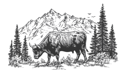 bull grazing in an alpine meadow with mountains tree on white background