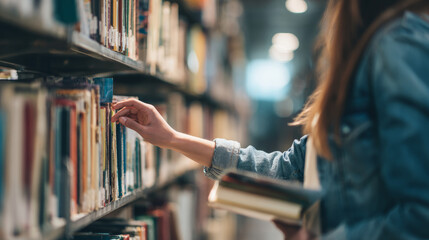 Fototapeta premium Female student (face not shown) pulling a novel from a public library shelf, representing learning and literary exploration