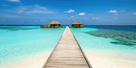 Naklejka premium Island pathway made of sand leading to Maldives bungalow