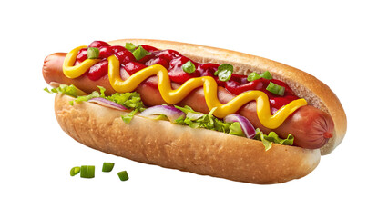 Hot dog delicious food sausage ketchup mustard onions lettuce scallions bun tasty meal fast food grill 100 chars on transparent background