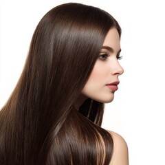 Naklejka premium A young woman with long, straight, and shiny brown hair looking to the side. Her beautiful face showcases her smooth skin and soft lips.