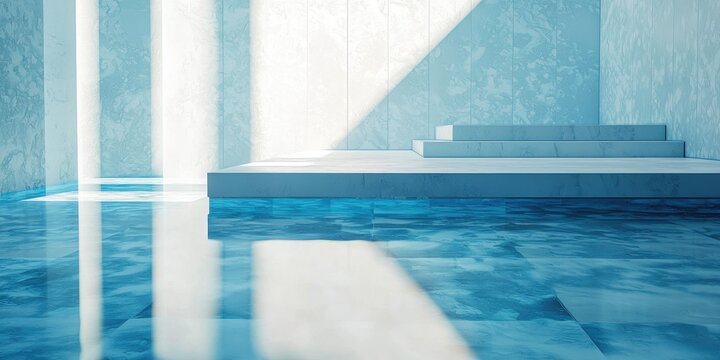 Low platform with elegant reflections and a white-blue tone setting