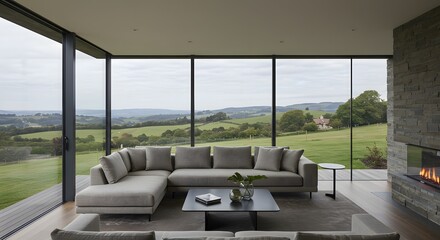 Fototapeta premium Modern Living Room with Fireplace and Panoramic Landscape View