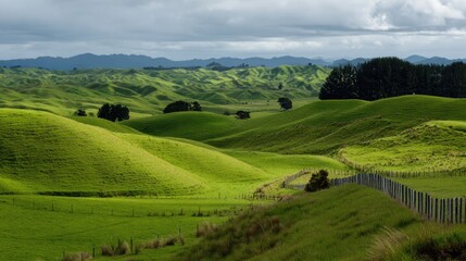 Fototapeta premium Calm countryside landscape with green rolling fields, fences, and distant tree lines