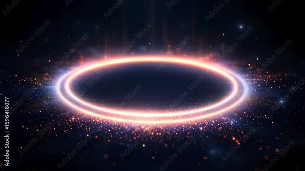 Poster illuminated circular light ring with sparkling particles in abstract background