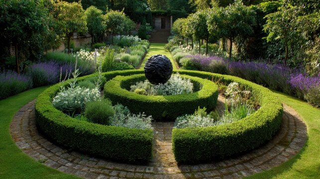 Circular garden layout with concentric planting zones and a central sculpture as a focal point