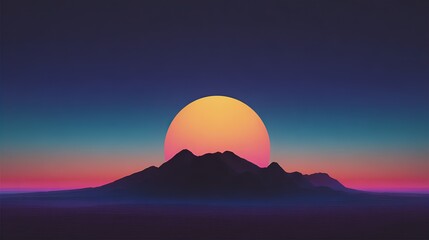 Fototapeta premium The giant sun sets behind isolated red hills in a tranquil desert, the sky and gradient colors, with halos, cinematic blooming effects, stunning sunset lights, and vibrant beauty.