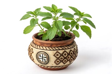 Obraz premium Green plant in a decorated pot on white background