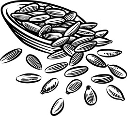 Sunflower seeds spilling from wooden bowl, black and white hand drawn illustration, healthy snack, natural food concept