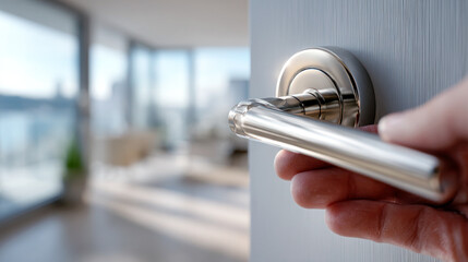 A hand holding a Modern door handle, partially revealing room interior in blurred background, accommodation, hotel, new house, real estate business