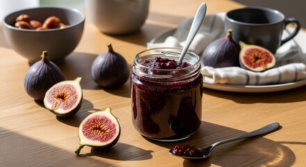 closeup view of red delicious original sugared fig jam glass jar on the table	
