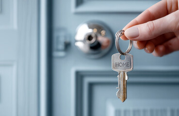 A Hand holding Manual Key with blurred background of door. Represent new opportunities, ownership, new start, Real estate, house, apartment, resident concept