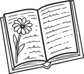 Open book with handwritten pages and daisy flower illustration botanical sketch, literary nature concept, simple black line art