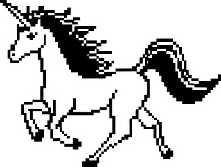 Pixel art unicorn in black and white, running mythical creature with horn and flowing mane, retro digital fantasy design