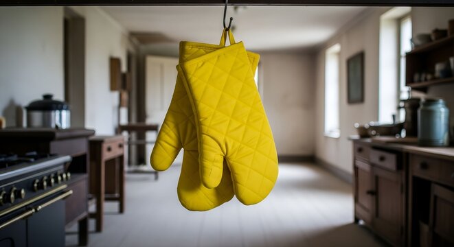 two pairs of yellow comfortable oven mitts in the kitchen	
