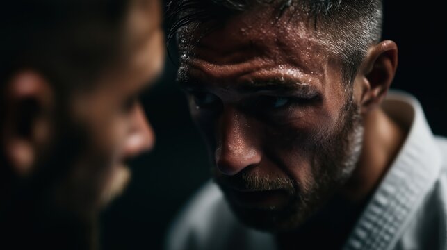 Fighter recovering after sparring session while demonstrating focus and determination at the training center