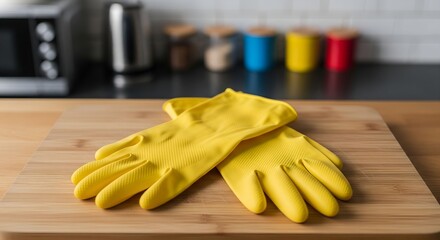 two pairs of yellow comfortable oven mitts in the kitchen	

