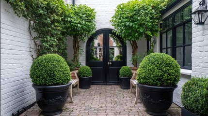 Decorative backyard garden with symmetrical layout, trimmed hedges, and potted topiary plants