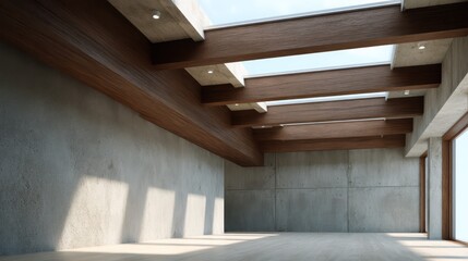 Concrete loft with dark walnut ceiling beams and large skylights, top-down natural lighting casting soft ambient shadows with warm