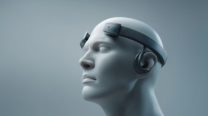 A futuristic head model wearing a sleek brain-computer interface headset against a minimalist gray background, futuristic AI headset