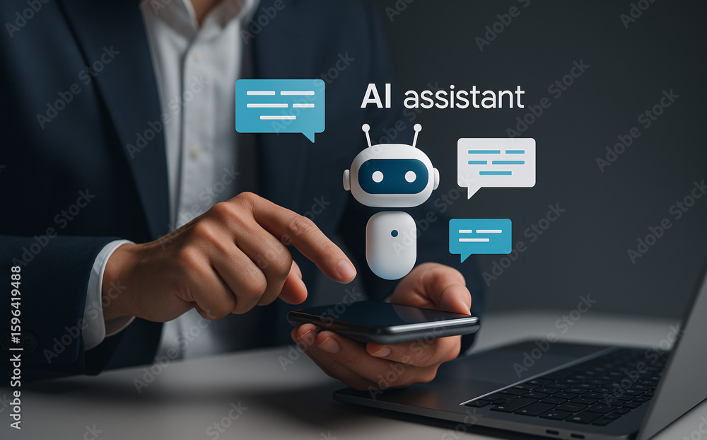 Poster businessman using a smartphone to chat with an ai assistant. a concept for a chatbot providing custo