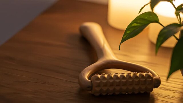 Wooden massage roller on wooden surface