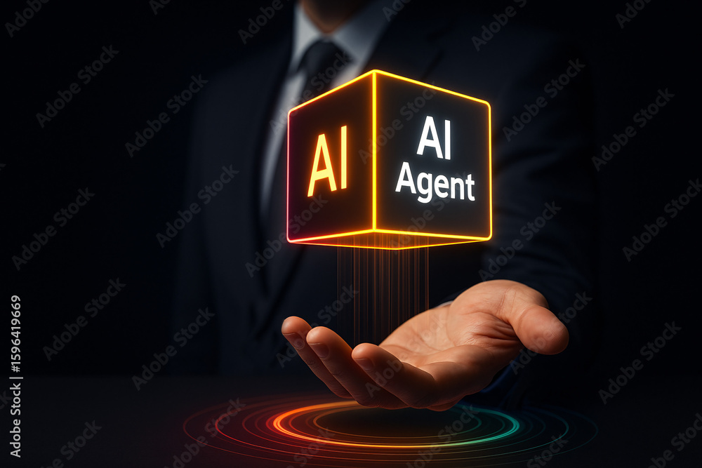 Poster businessman presenting a glowing holographic cube with ai agent text. a concept for artificial intel