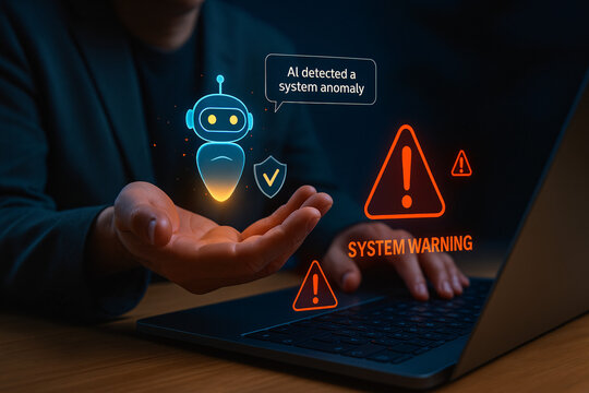 AI chatbot detects a system anomaly and issues a security warning on a virtual interface shown by a user with a laptop.