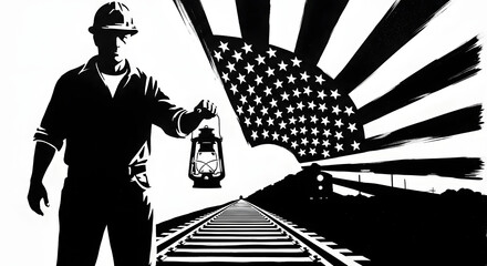 Vintage Railroad Worker with Lantern and American Flag
